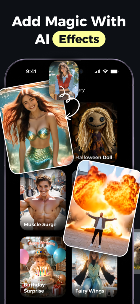 Pictory AI: Video Generator - Mobile app interface showing various AI generated video styles and magic effects including mermaid and fairy wings templates