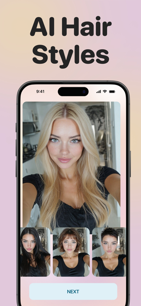 AI Hair Styles: Try On Haircut - A mobile app interface showing a woman trying on different AI-generated hairstyles including blonde, brunette, and short cuts.