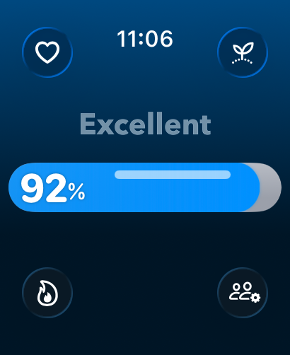 IRL Health Bar - 青い92％の進捗バーと「Excellent」ステータスインジケーターを備えたIRLヘルスバーアプリのインターフェース