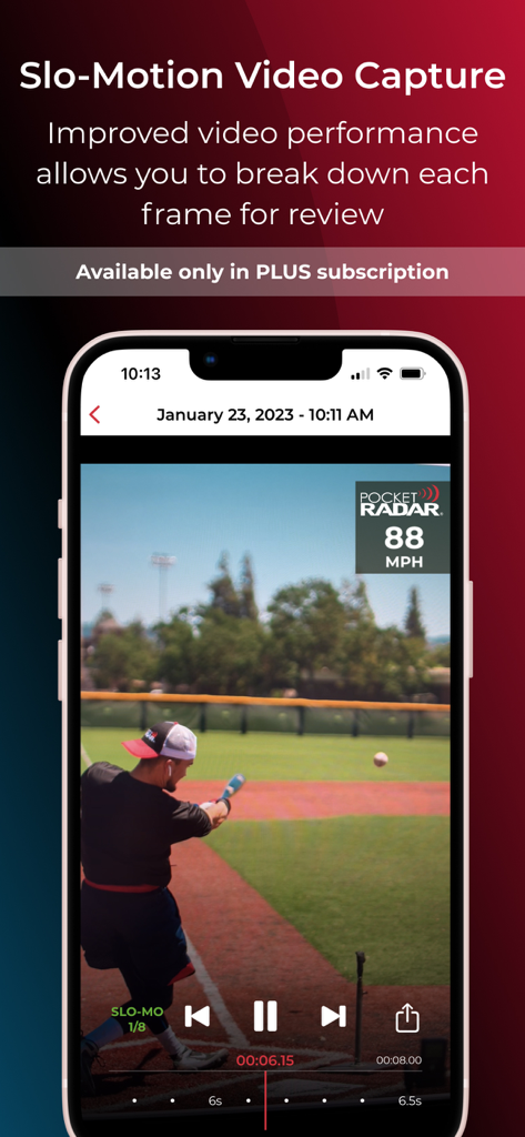 Pocket Radar® Sports - A baseball player batting in slow motion with an 88 MPH exit velocity overlay