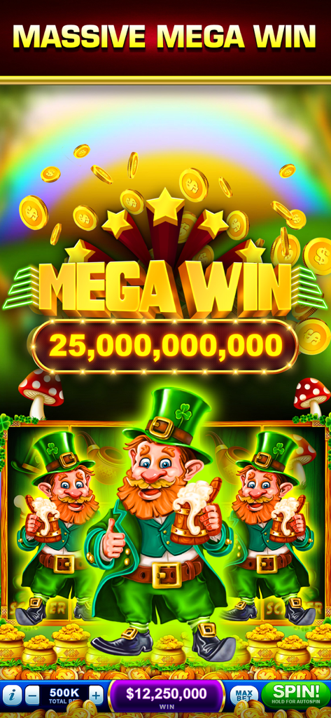 Super Vegas Slotsのアイリッシュレプラコーンをテーマにしたスロットマシンでの巨大なメガウィン画面