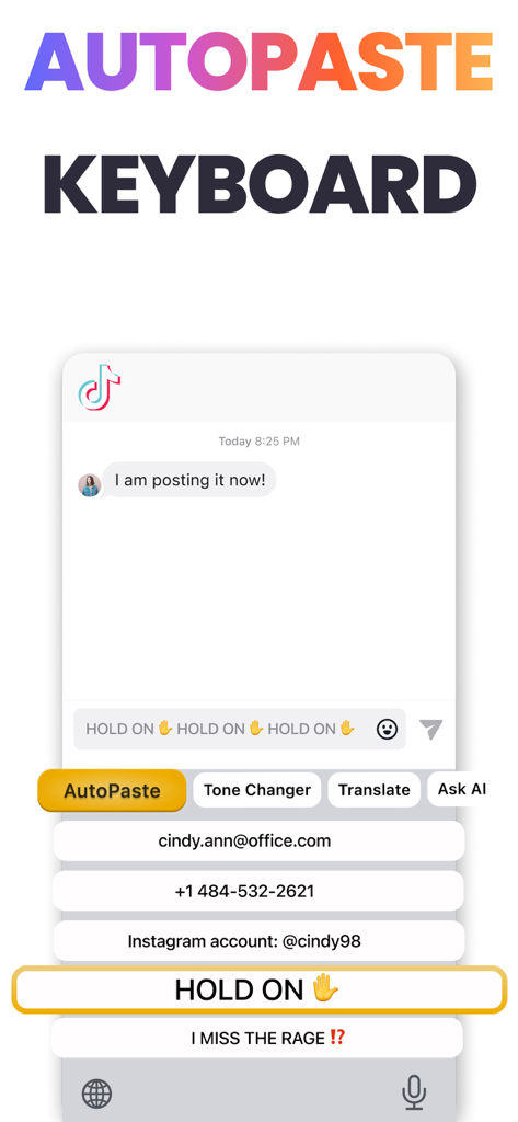 AI Keyboard: KeyAI - Interfaz del teclado KeyAI mostrando la función AutoPaste con fragmentos de texto preguardados para mensajería rápida