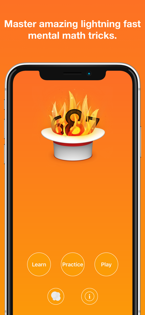 Mathemagics: Mental Math - Mathemagics app home screen showing options to Learn, Practice, and Play mental math tricks.