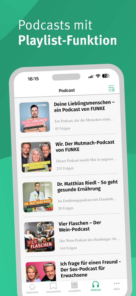 IKZ E-Paper-App, die eine Liste deutscher Podcasts mit einer Playlist-Funktion anzeigt.