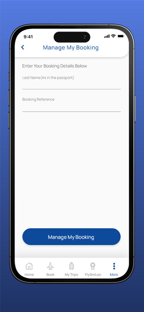 스리랑카 항공 모바일 앱 인터페이스. '예약 관리' 화면에 이름과 예약 참조 번호 입력란이 표시됩니다.