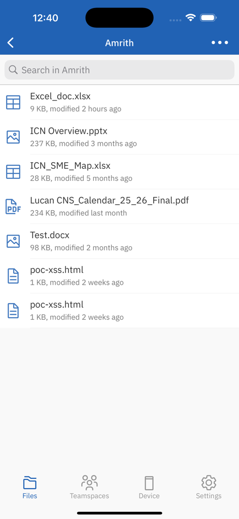 IBM Navigator Mobile - A list of enterprise documents including Excel, PowerPoint and PDF files displayed in the IBM Navigator Mobile app interface.