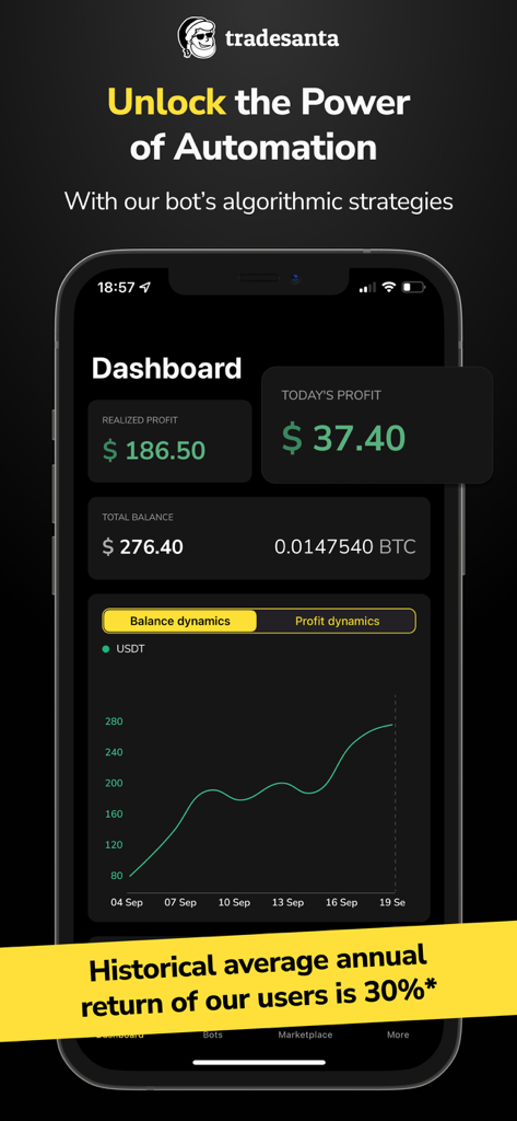 TradeSanta: Crypto Trading Bot - TradeSanta mobile app dashboard showing realized profits and a crypto balance growth graph