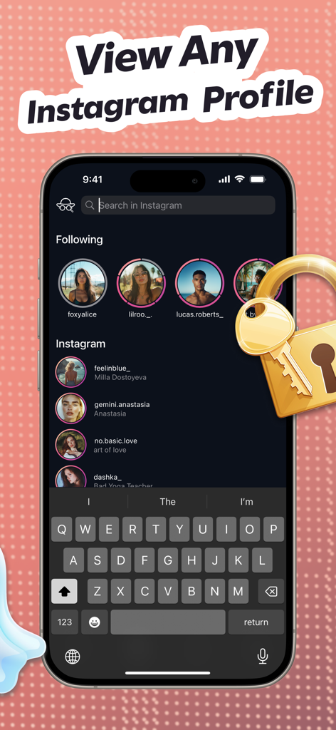 Blindstory app interface showing a search bar for Instagram profiles with a golden lock symbol representing privacy.
