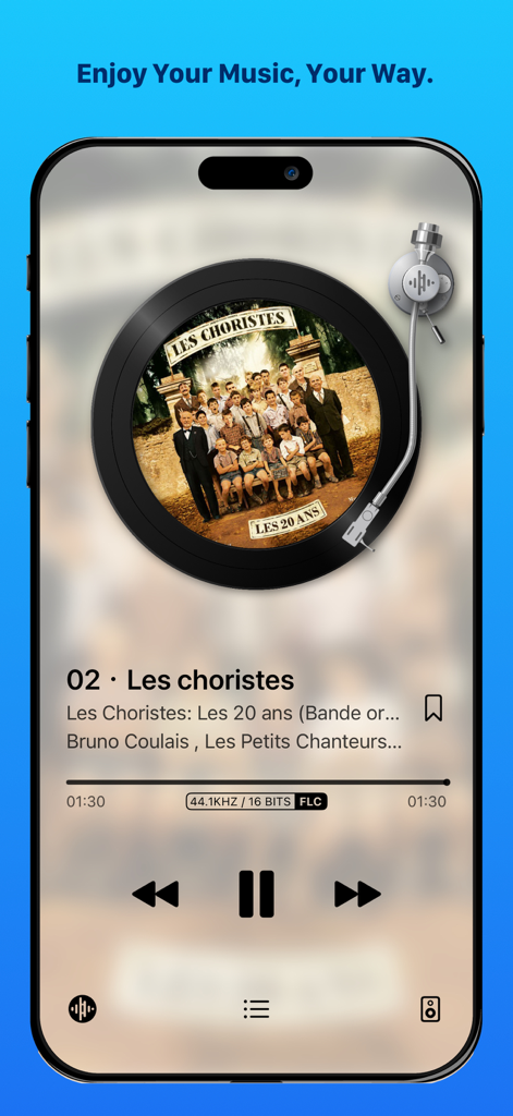 xTune mobile app interface showing a high-fidelity FLAC audio player with a vinyl turntable design