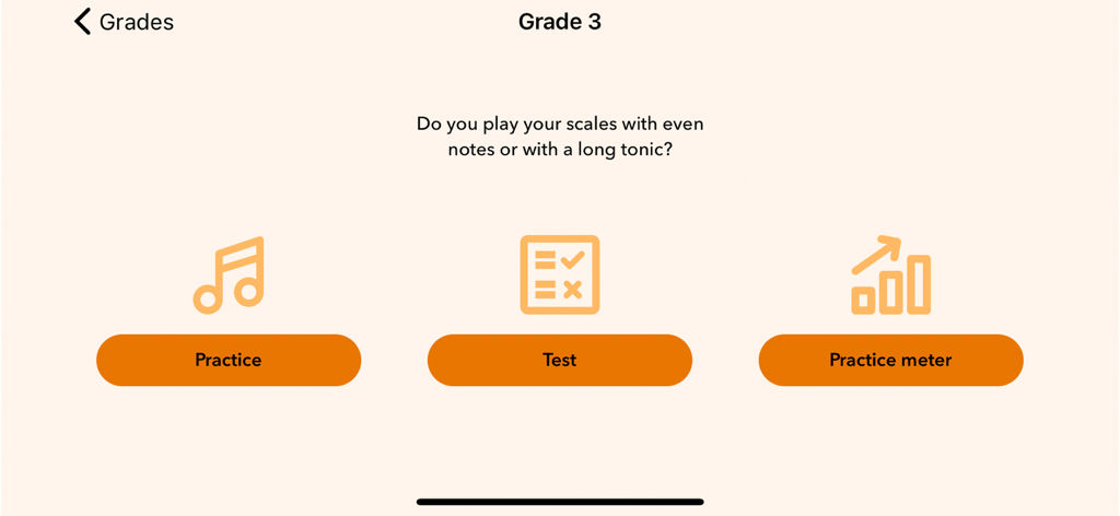 ABRSM Piano Scales Trainer - Grade 3 menu of ABRSM Piano Scales Trainer app featuring Practice, Test, and Practice meter options.