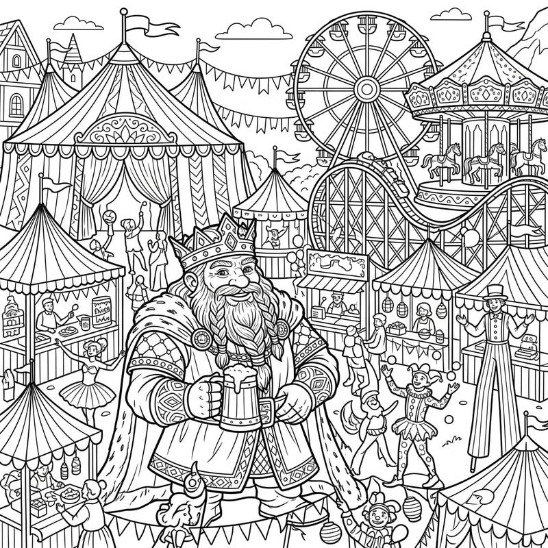 Join a regal dwarf king amidst the thrilling sights and sounds of a vibrant carnival in this unique coloring page. Explore intricate details from majestic attire to bustling fairground attractions, perfect for fantasy and festival enthusiasts.