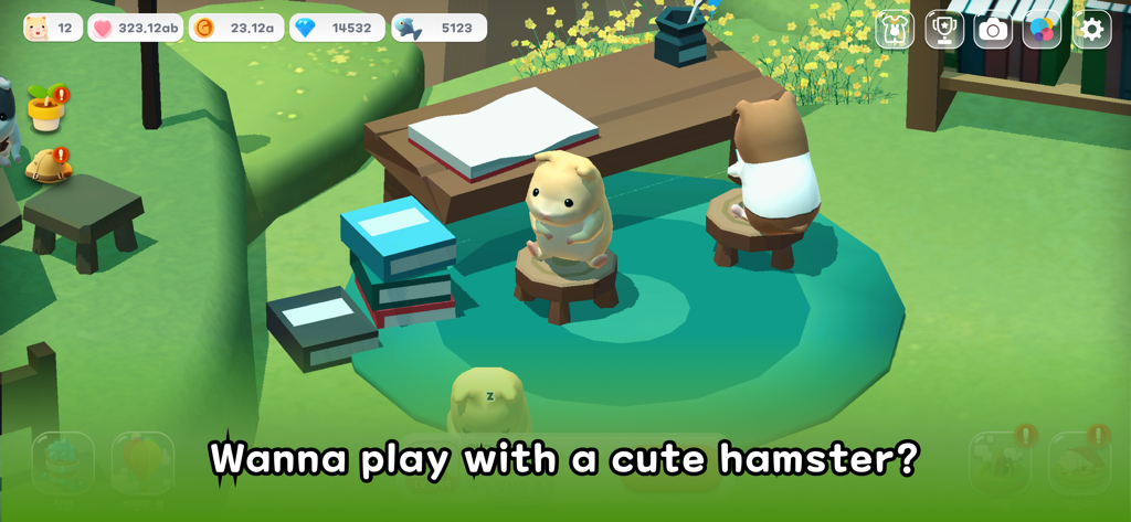 A cute hamster sitting on a stool at a wooden table with books in a peaceful green field.