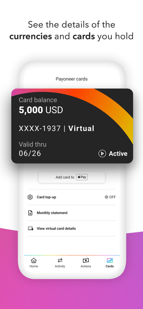 Interface do aplicativo Payoneer mostrando um cartão virtual empresarial com um saldo de cinco mil dólares e configurações de gerenciamento de cartão