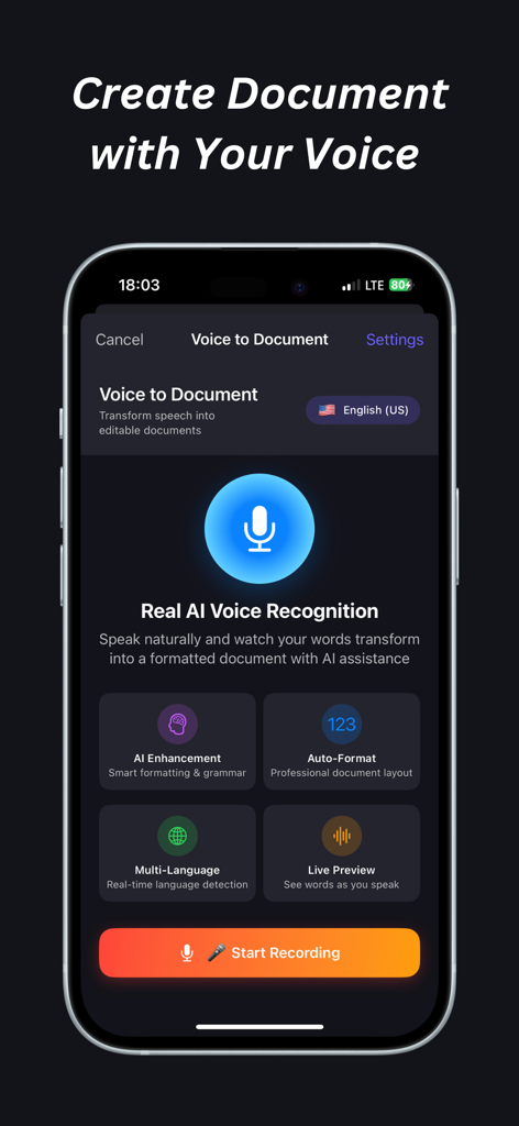 Scanly - AI Scanner Pro Scan - Die Voice to Document-Oberfläche der Scanly AI Scanner App, die KI-Spracherkennung und Aufnahmeoptionen anzeigt.
