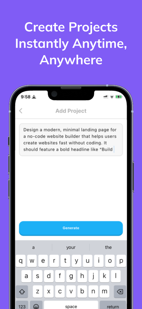 Website Maker: XVibe AI - Interface móvel do aplicativo XVibe AI mostrando um prompt de texto sendo inserido para gerar uma página de destino de site