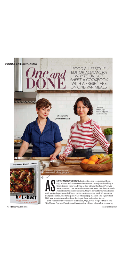 House & Home - Página de revista digital de la aplicación House and Home que presenta un artículo de comida y entretenimiento sobre un nuevo libro de cocina