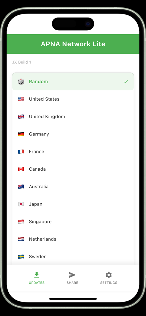 APNA TUNNEL - Painel do aplicativo APNA Tunnel Lite mostrando uma lista de locais de servidores globais, incluindo Estados Unidos, Reino Unido e Alemanha