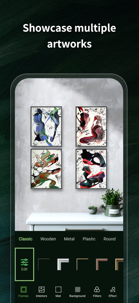 Frameit:Framed Art &Video edit - App interface showing four framed abstract paintings on a gallery wall mockup