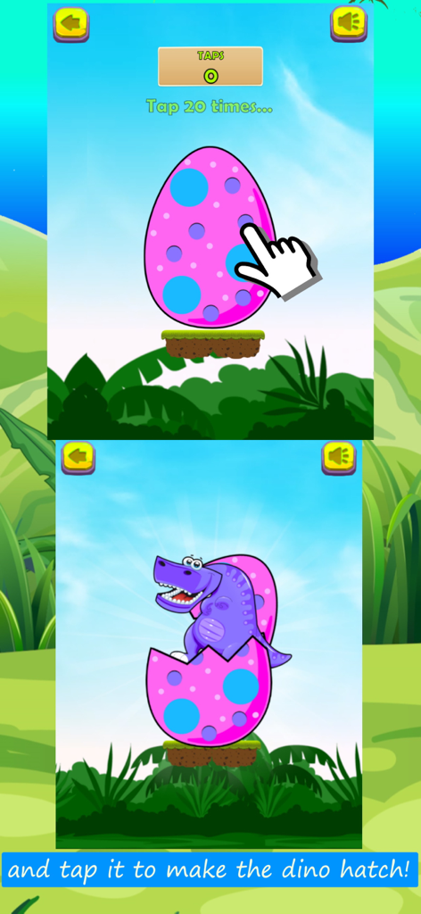 Dinosaur Games For Kids - FULL - Juego educativo de dinosaurios que muestra un huevo rosa eclosionando en un dinosaurio púrpura