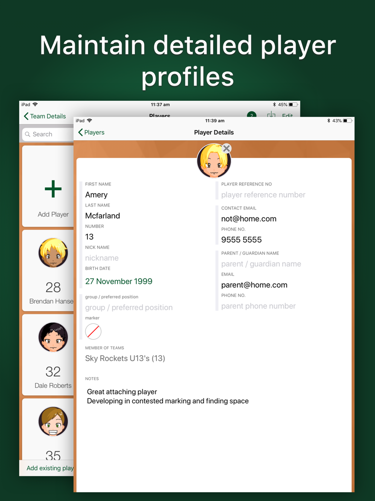 Great Coach AFL - Player profile screen in the Great Coach AFL iPad app showing contact details and coaching notes