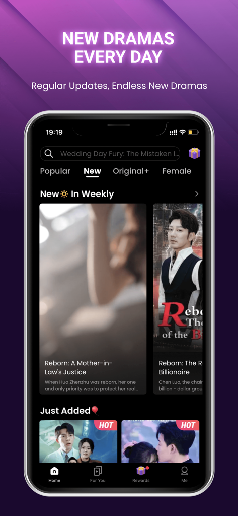SnackShort app interface featuring daily updates of short-form dramas like Reborn A Mother-in-Law's Justice.