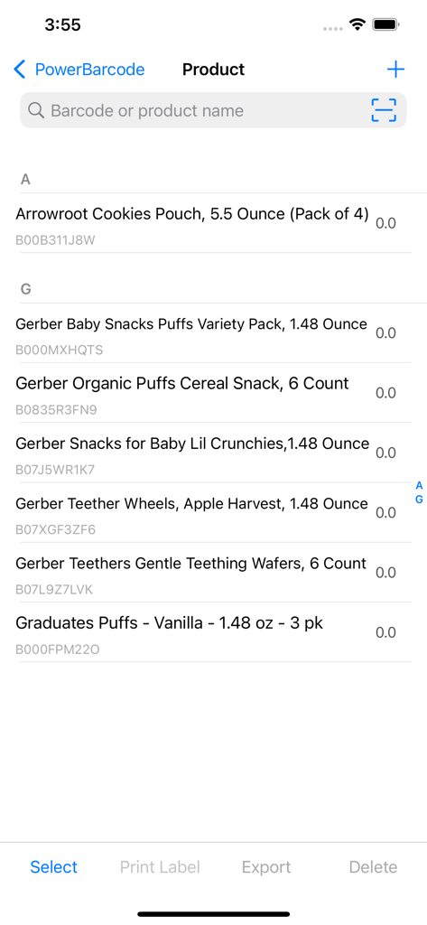 Mobile product inventory list with barcode identifiers and management options.
