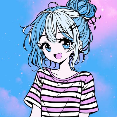 anime girl teenager striped shirt and smile and messy bun