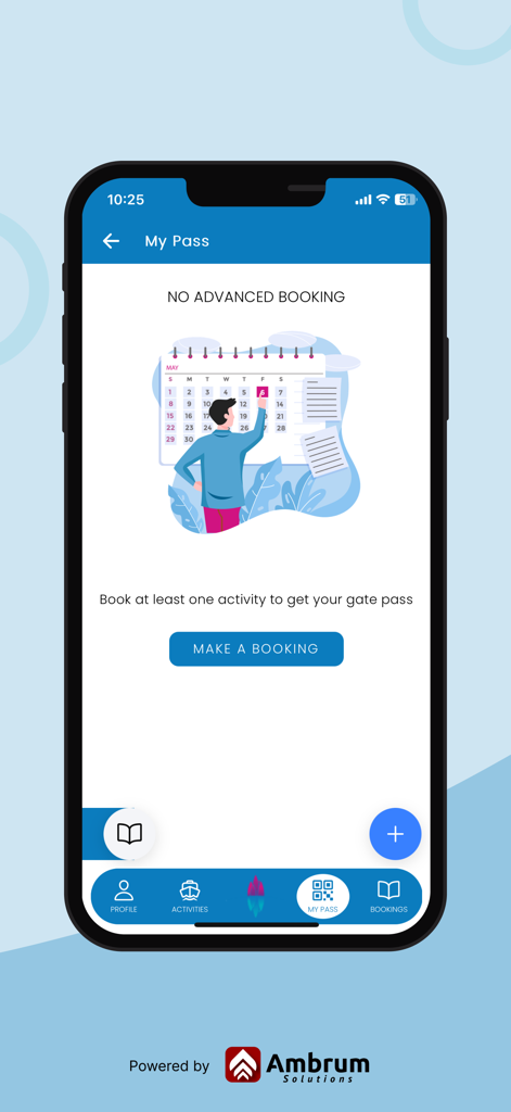 Una pantalla móvil de la aplicación Port City Colombo que muestra una indicación para reservar una actividad y recibir un pase de acceso.