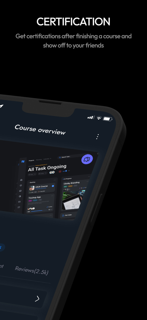 aptLearn - A smartphone screen showing the aptLearn course overview and certification details for tech skills.