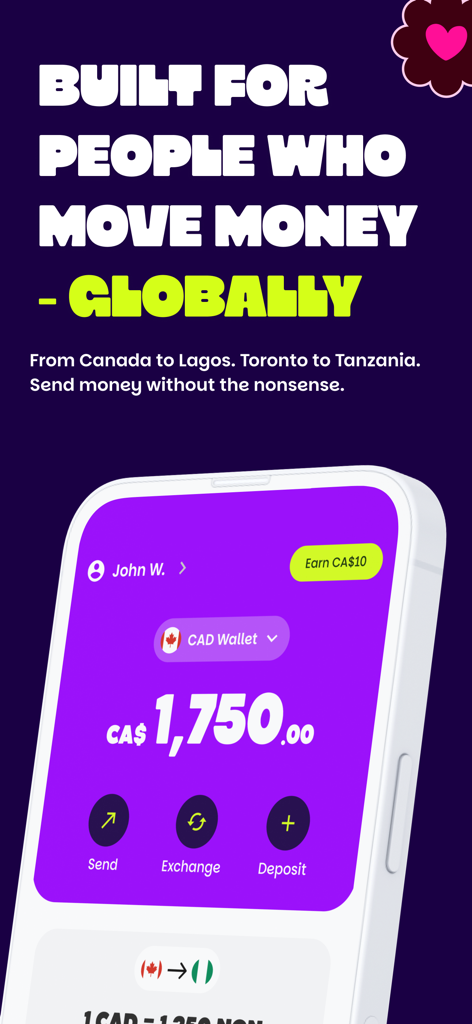 Misan by Bamboo: Pay & Send - Misan by Bamboo app interface showing global money transfer features and a CAD wallet balance