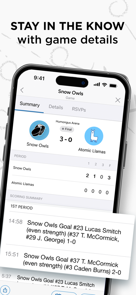 App mobile di SportsEngine che visualizza i risultati della partita e il riepilogo del punteggio per una partita sportiva giovanile