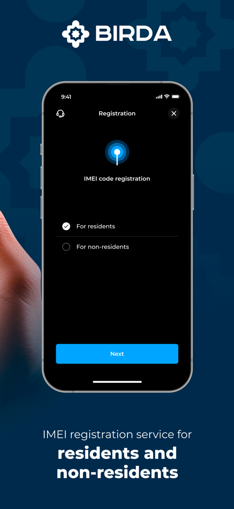 Birda app screen showing IMEI registration options for residents and non-residents