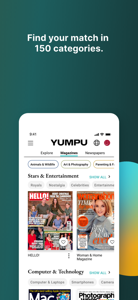 YUMPU Magazines and Newspapers - Digital newsstand interface showing magazine categories and entertainment publications