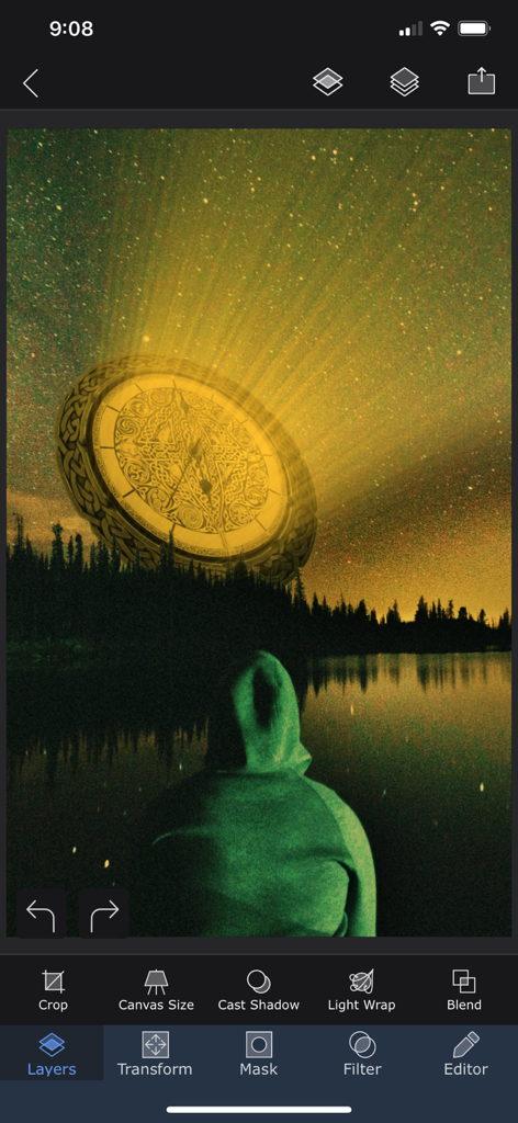 A surreal photo composite being edited in the Superimpose X app showing a glowing golden disk in a starry night sky over a lake.