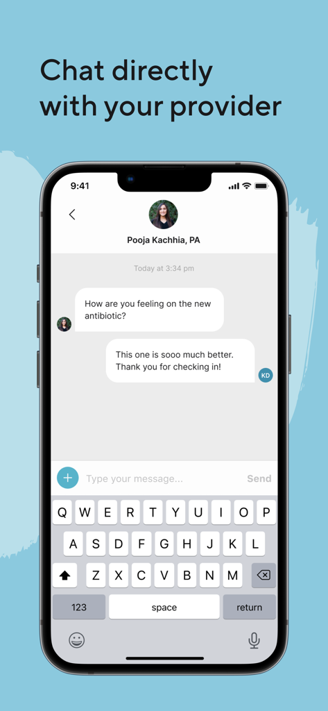 Carby Health app interface showing direct messaging with a medical provider.