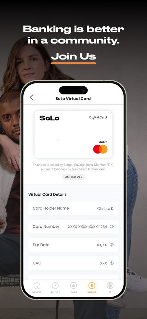 Smartphone screen displaying the SoLo Funds virtual debit card and wallet details