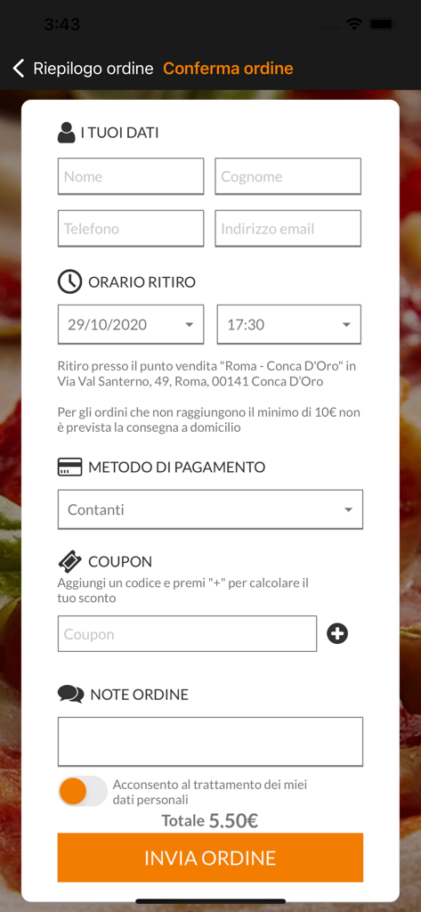 order confirmation and checkout screen for the mastro pizza mobile app