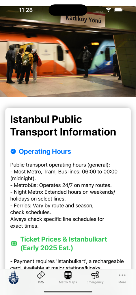 Screenshot dell'app Istanbul Subway Map che mostra gli orari di apertura dei trasporti pubblici e le informazioni sui biglietti.