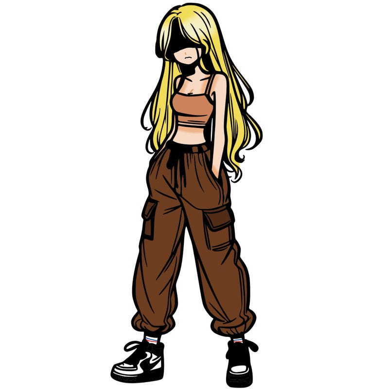 girl in baggy pants crop top and long hair