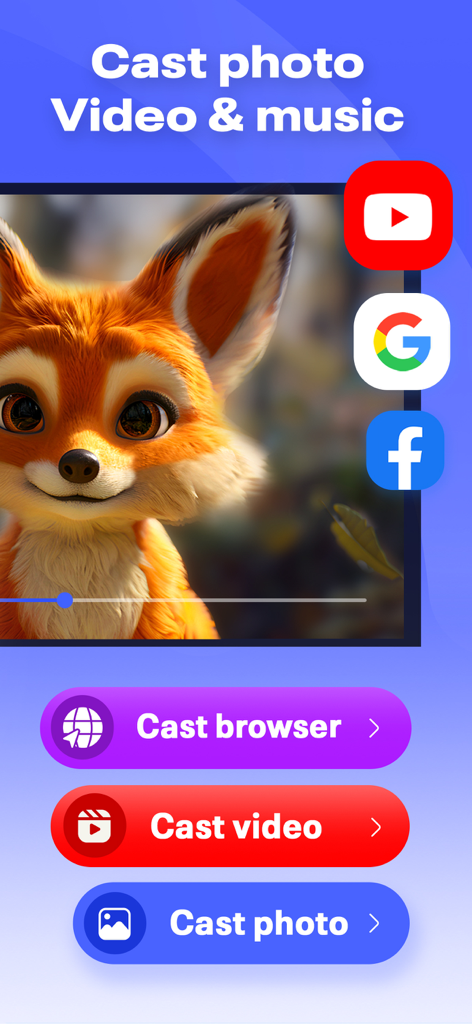 Cast Video/Photo/Music to TV - Interface of the Cast to TV app showing buttons for casting browser video and photos