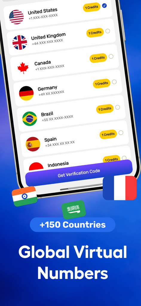SMS io: Virtual Verification - SMS io mobile app interface displaying a list of countries for selecting global virtual phone numbers to receive verification codes.