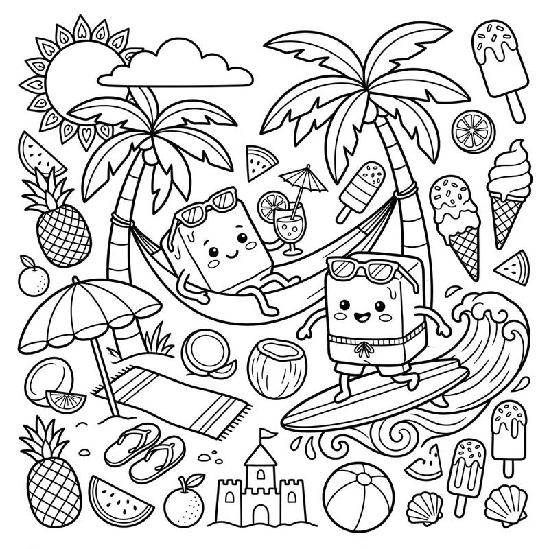 Get ready for a sweet escape with this delightful summer vacation coloring page featuring adorable fudge characters! Perfect for teens, this vibrant scene brings together surfing fun, relaxing hammocks, and all the classic beach treats for hours of creative enjoyment.