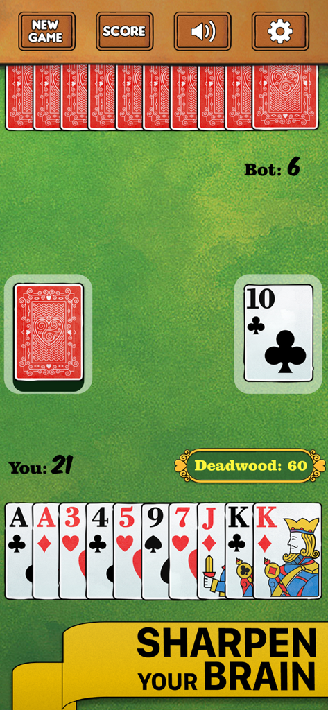 Gin Rummy Card Game Classic - Interfaz del juego de cartas clásico de Gin Rummy que muestra cartas fáciles de leer y un mensaje de agudiza tu cerebro