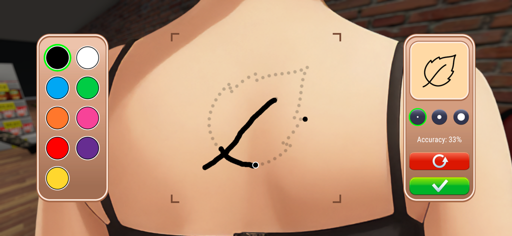 Vista dentro del juego de Tattoo Studio Simulator que muestra un diseño de hoja tatuándose en una espalda con una paleta de colores y elementos de interfaz