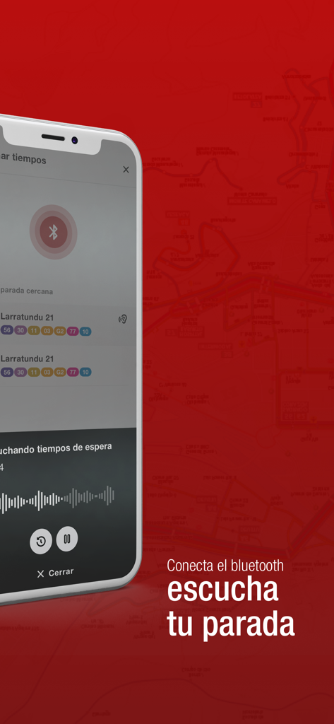 Smartphone showing the Bilbobus app Bluetooth feature for listening to bus stop announcements.
