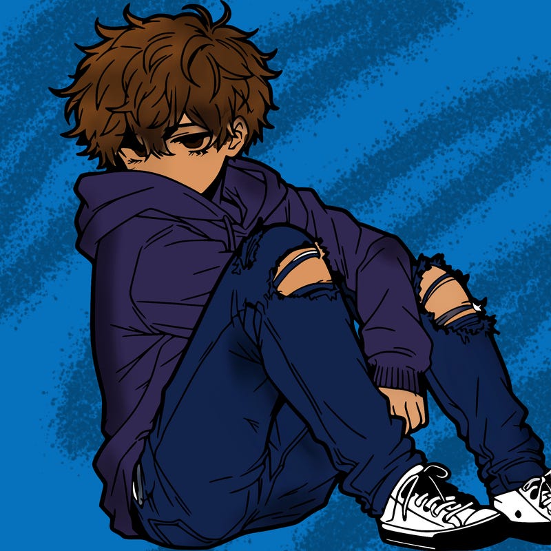 a male hoddie ripped jeans messy hair anime