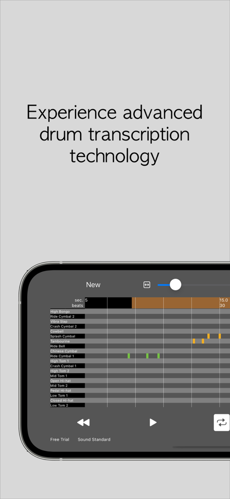 Drums Transcriber - Drums Transcriber App zeigt ein MIDI-Schlagzeug-Transkriptionsgitter auf einem Smartphone
