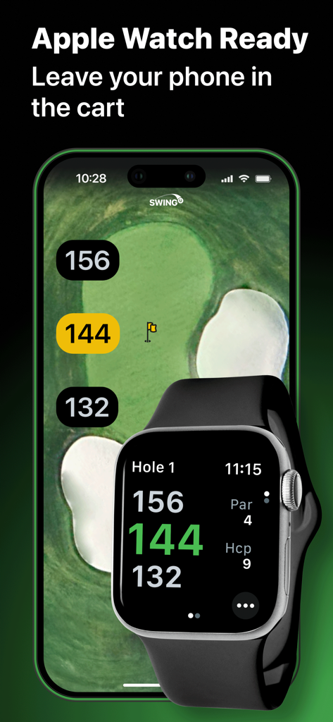 SwingU golf GPS app displayed on an iPhone and Apple Watch showing distances on a golf course