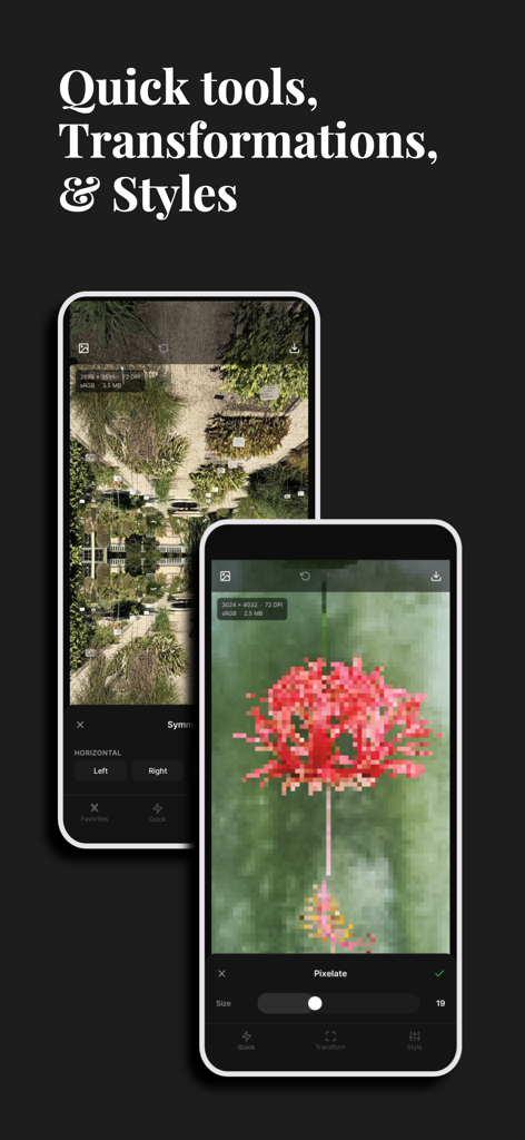 DotPress - Interface de l'application mobile DotPress présentant des outils de transformation de pixellisation et de symétrie sur un smartphone