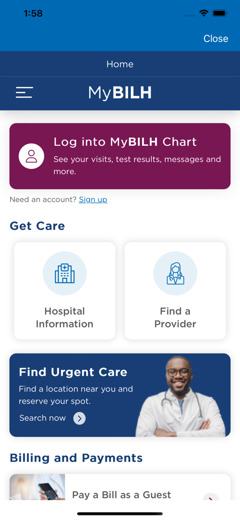 MyBILH app home screen with patient portal login and healthcare service options